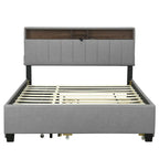 Lit plateforme rembourré Queen avec tête de lit de rangement, lit gigogne Twin XL et 2 tiroirs et ports USB, tissu lin, gris