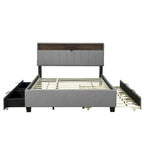 Lit plateforme rembourré Queen avec tête de lit de rangement, lit gigogne Twin XL et 2 tiroirs et ports USB, tissu lin, gris