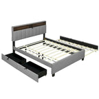 Lit plateforme rembourré Queen avec tête de lit de rangement, lit gigogne Twin XL et 2 tiroirs et ports USB, tissu lin, gris