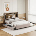 Lit plateforme rembourré Queen avec tête de lit de rangement, lit gigogne Twin XL et 2 tiroirs et ports USB, tissu lin, gris