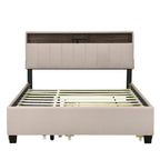 Lit plateforme rembourré Queen avec tête de lit de rangement, lit gigogne Twin XL et 2 tiroirs et ports USB, tissu lin, gris