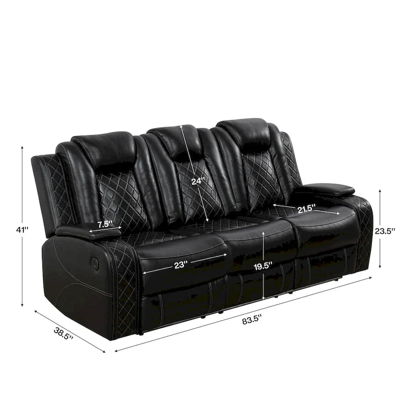 Ensemble canapé inclinable 3 places moderne en cuir avec LED et recharge sans fil