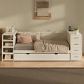 Lit de jour double en bois avec lit gigogne, étagère latérale et tiroirs, lit de rangement avec bureau et station de charge pour chambre à coucher, chambre d'amis