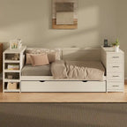 Lit de jour double en bois avec lit gigogne, étagère latérale et tiroirs, lit de rangement avec bureau et station de charge pour chambre à coucher, chambre d'amis