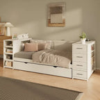 Lit de jour double en bois avec lit gigogne, étagère latérale et tiroirs, lit de rangement avec bureau et station de charge pour chambre à coucher, chambre d'amis