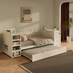 Lit de jour double en bois avec lit gigogne, étagère latérale et tiroirs, lit de rangement avec bureau et station de charge pour chambre à coucher, chambre d'amis
