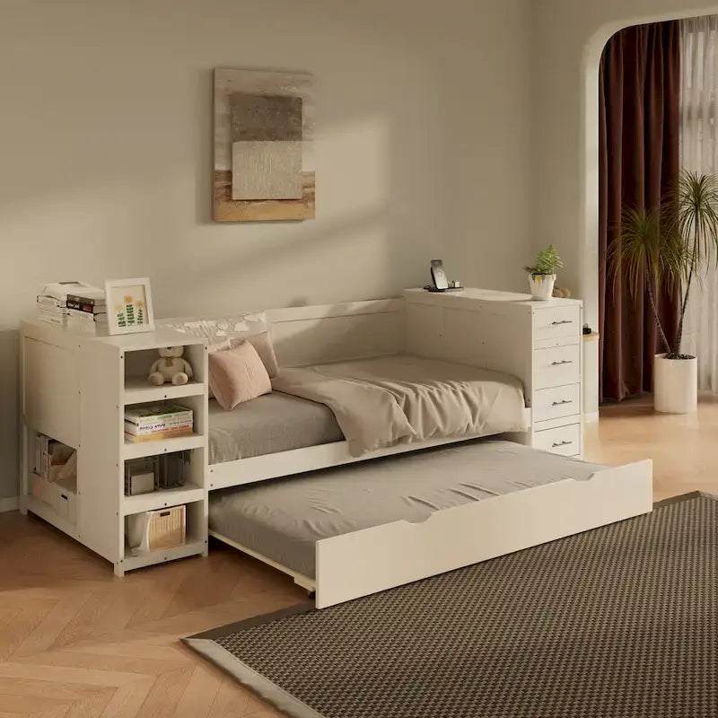 Lit de jour double en bois avec lit gigogne, étagère latérale et tiroirs, lit de rangement avec bureau et station de charge pour chambre à coucher, chambre d'amis