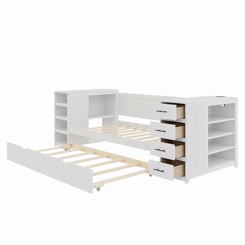 Lit de jour double en bois avec lit gigogne, étagère latérale et tiroirs, lit de rangement avec bureau et station de charge pour chambre à coucher, chambre d'amis