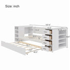 Lit de jour double en bois avec lit gigogne, étagère latérale et tiroirs, lit de rangement avec bureau et station de charge pour chambre à coucher, chambre d'amis