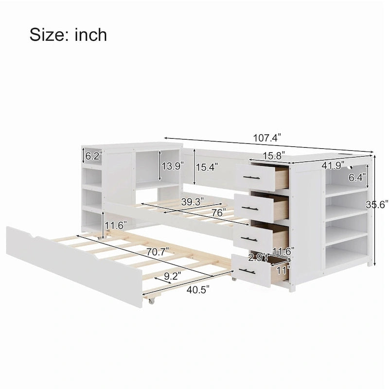 Lit de jour double en bois avec lit gigogne, étagère latérale et tiroirs, lit de rangement avec bureau et station de charge pour chambre à coucher, chambre d'amis