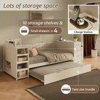 Lit de jour double en bois avec lit gigogne, étagère latérale et tiroirs, lit de rangement avec bureau et station de charge pour chambre à coucher, chambre d'amis
