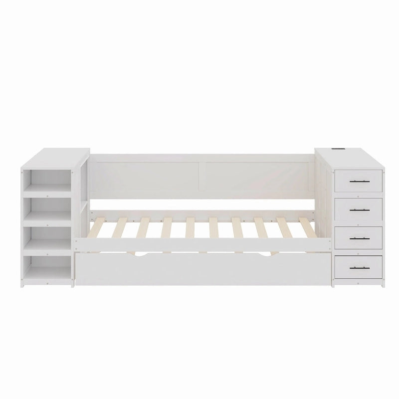 Lit de jour double en bois avec lit gigogne, étagère latérale et tiroirs, lit de rangement avec bureau et station de charge pour chambre à coucher, chambre d'amis