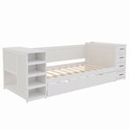 Lit de jour double en bois avec lit gigogne, étagère latérale et tiroirs, lit de rangement avec bureau et station de charge pour chambre à coucher, chambre d'amis