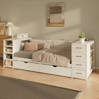 Lit de jour double en bois avec lit gigogne, étagère latérale et tiroirs, lit de rangement avec bureau et station de charge pour chambre à coucher, chambre d'amis