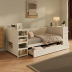 Lit de jour double en bois avec lit gigogne, étagère latérale et tiroirs, lit de rangement avec bureau et station de charge pour chambre à coucher, chambre d'amis
