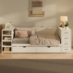 Lit de jour double en bois avec lit gigogne, étagère latérale et tiroirs, lit de rangement avec bureau et station de charge pour chambre à coucher, chambre d'amis