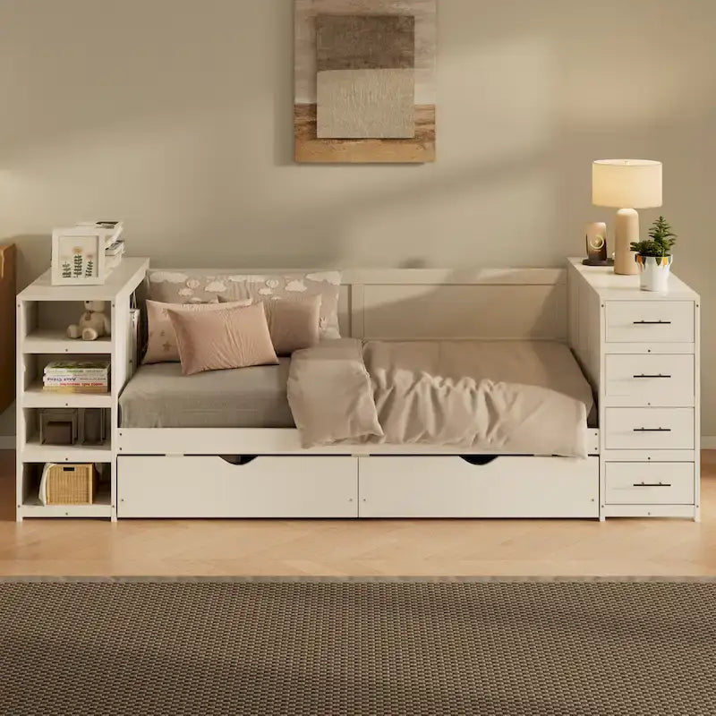 Lit de jour double en bois avec lit gigogne, étagère latérale et tiroirs, lit de rangement avec bureau et station de charge pour chambre à coucher, chambre d'amis