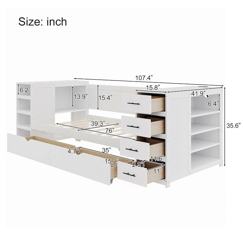 Lit de jour double en bois avec lit gigogne, étagère latérale et tiroirs, lit de rangement avec bureau et station de charge pour chambre à coucher, chambre d'amis