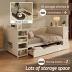 Lit de jour double en bois avec lit gigogne, étagère latérale et tiroirs, lit de rangement avec bureau et station de charge pour chambre à coucher, chambre d'amis