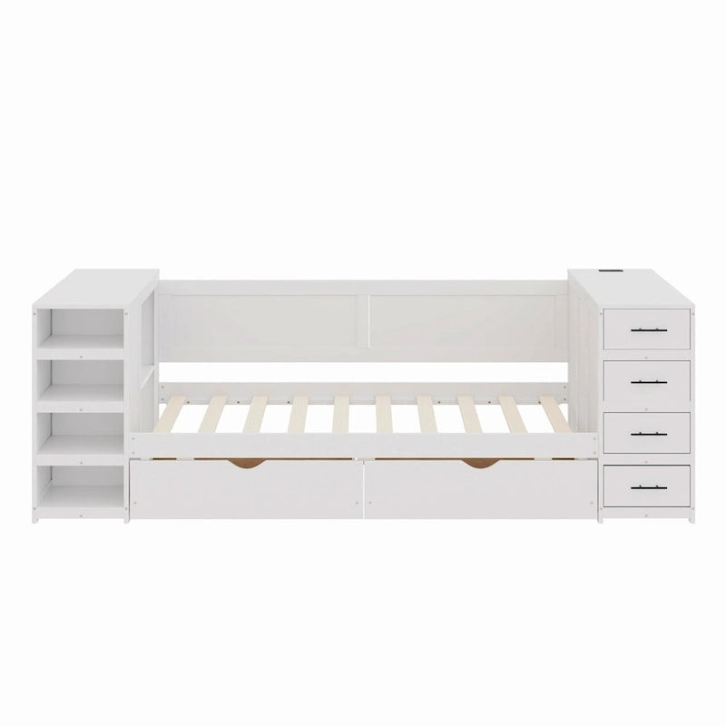 Lit de jour double en bois avec lit gigogne, étagère latérale et tiroirs, lit de rangement avec bureau et station de charge pour chambre à coucher, chambre d'amis