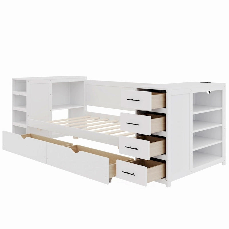 Lit de jour double en bois avec lit gigogne, étagère latérale et tiroirs, lit de rangement avec bureau et station de charge pour chambre à coucher, chambre d'amis