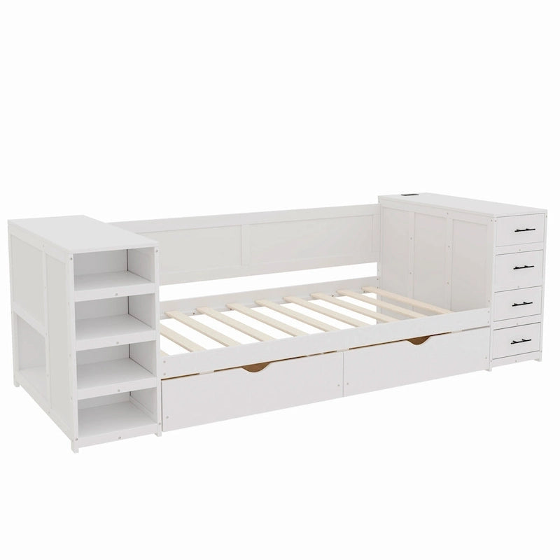 Lit de jour double en bois avec lit gigogne, étagère latérale et tiroirs, lit de rangement avec bureau et station de charge pour chambre à coucher, chambre d'amis