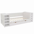 Lit de jour double en bois avec lit gigogne, étagère latérale et tiroirs, lit de rangement avec bureau et station de charge pour chambre à coucher, chambre d'amis
