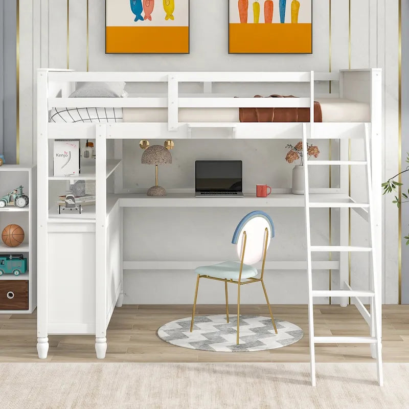 Lit mezzanine double avec tiroirs et bureau, lit mezzanine en bois avec étagères - Blanc