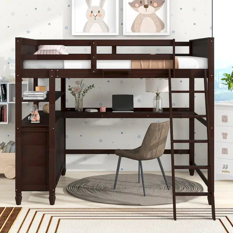 Lit mezzanine double avec tiroirs et bureau, lit mezzanine en bois avec étagères - Blanc