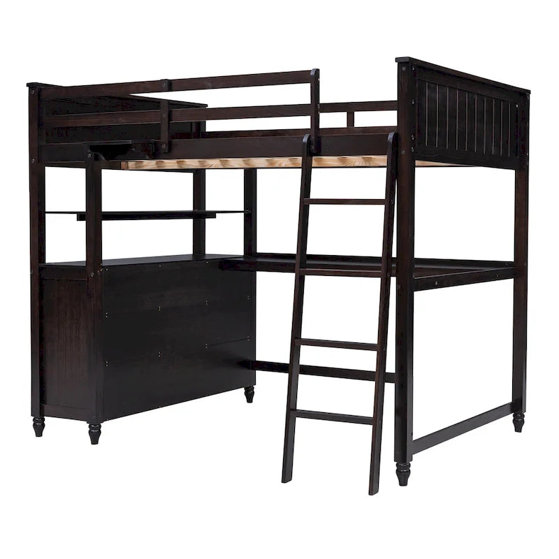 Lit mezzanine double avec tiroirs et bureau, lit mezzanine en bois avec étagères - Blanc