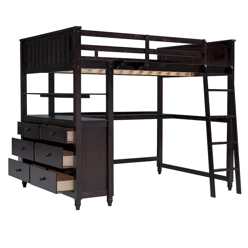 Lit mezzanine double avec tiroirs et bureau, lit mezzanine en bois avec étagères - Blanc