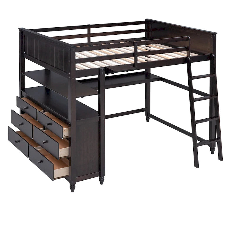 Lit mezzanine double avec tiroirs et bureau, lit mezzanine en bois avec étagères - Blanc