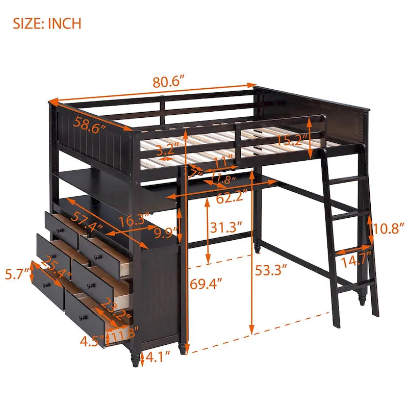 Lit mezzanine double avec tiroirs et bureau, lit mezzanine en bois avec étagères - Blanc
