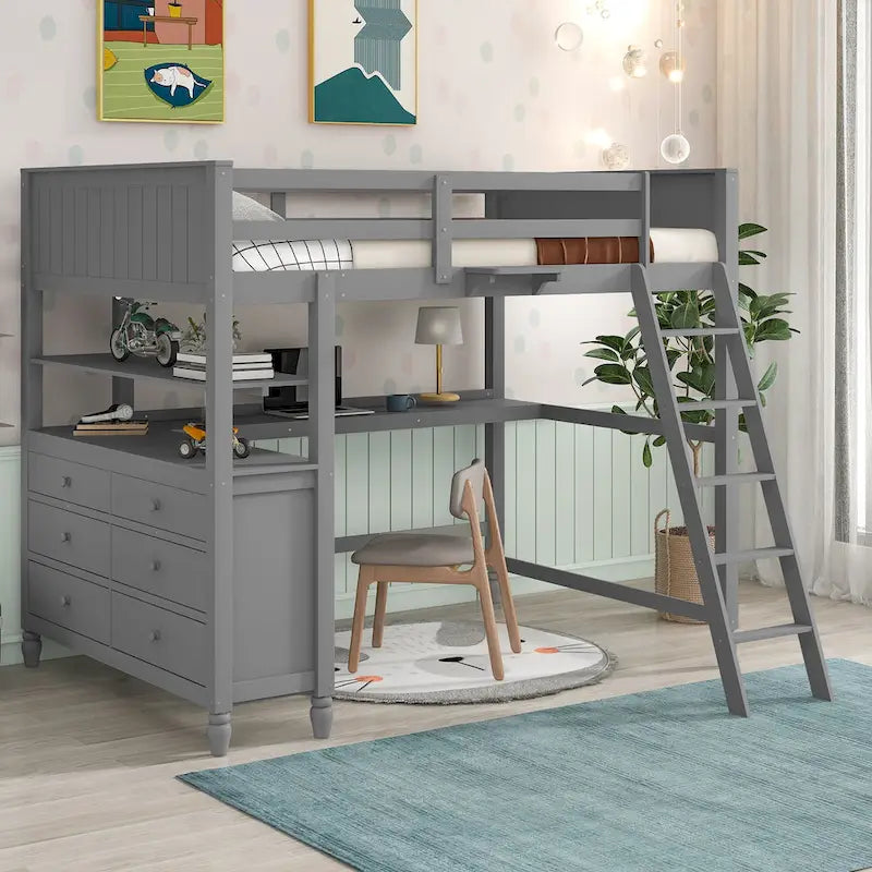 Lit mezzanine double avec tiroirs et bureau, lit mezzanine en bois avec étagères - Blanc