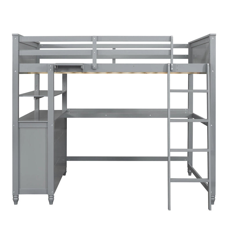 Lit mezzanine double avec tiroirs et bureau, lit mezzanine en bois avec étagères - Blanc