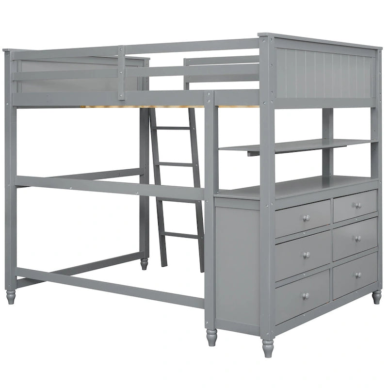 Lit mezzanine double avec tiroirs et bureau, lit mezzanine en bois avec étagères - Blanc