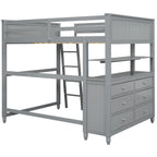 Lit mezzanine double avec tiroirs et bureau, lit mezzanine en bois avec étagères - Blanc