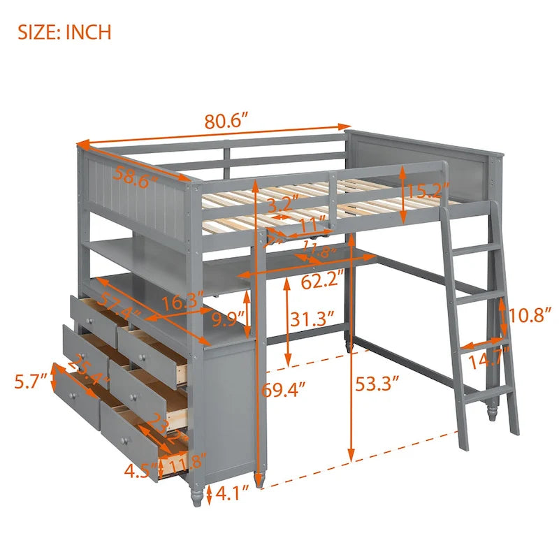 Lit mezzanine double avec tiroirs et bureau, lit mezzanine en bois avec étagères - Blanc