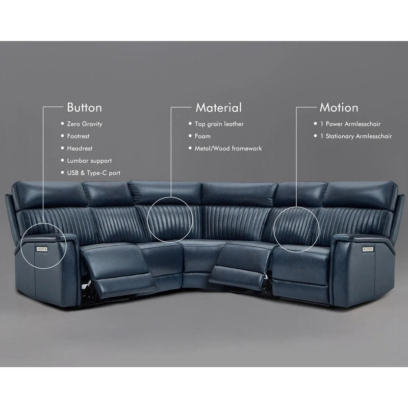 Canapé sectionnel inclinable électrique Cole 105 W en cuir véritable avec ports USB et USB-C, fauteuil sans accoudoirs électrique