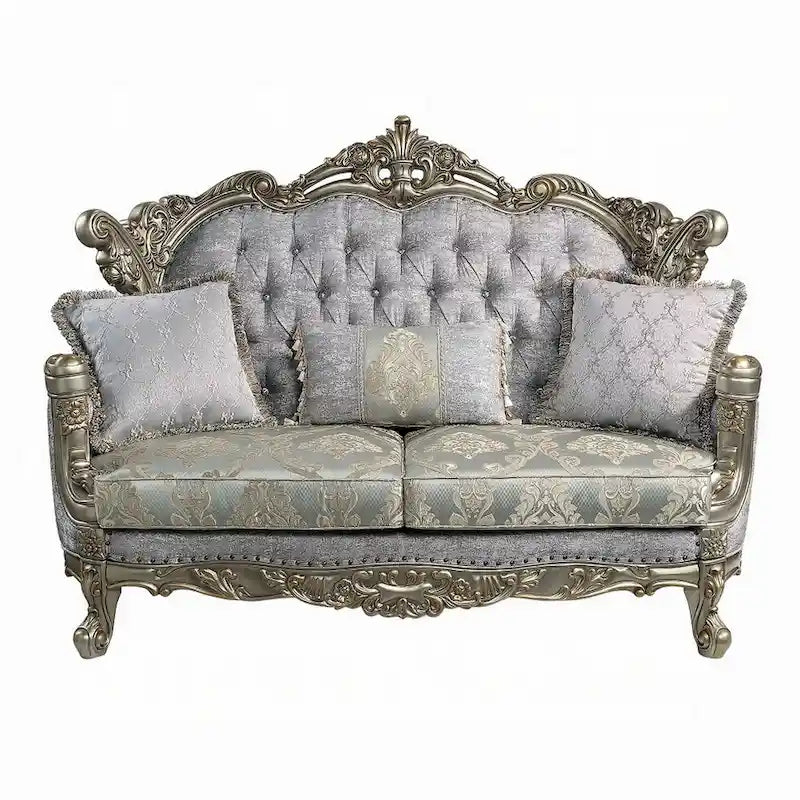 Causeuse Royale, 3 coussins, tissu gris, bois bronze antique, 73 pouces
