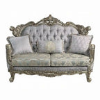 Causeuse Royale, 3 coussins, tissu gris, bois bronze antique, 73 pouces