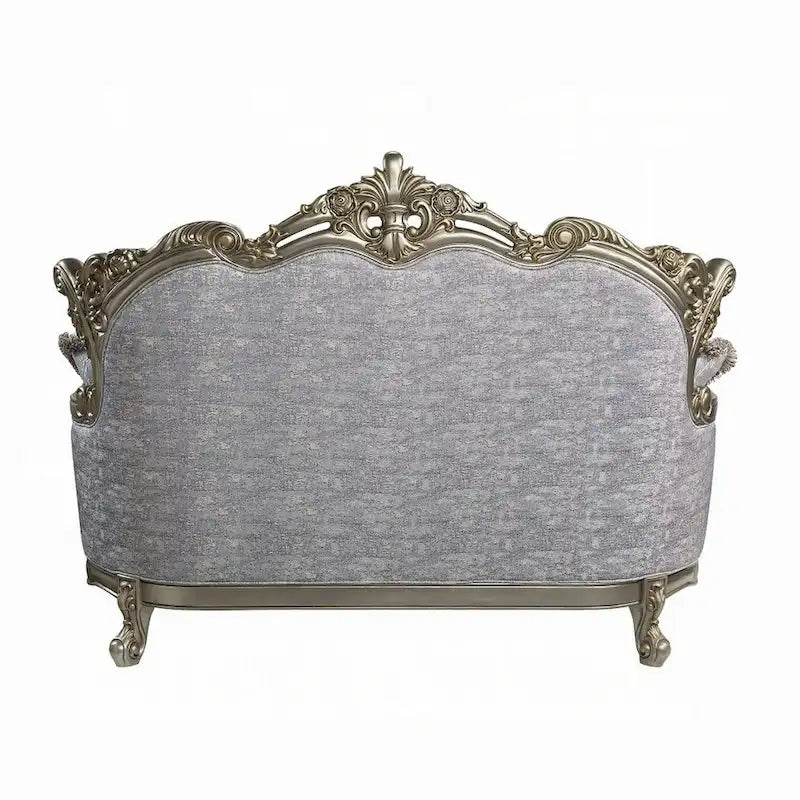 Causeuse Royale, 3 coussins, tissu gris, bois bronze antique, 73 pouces