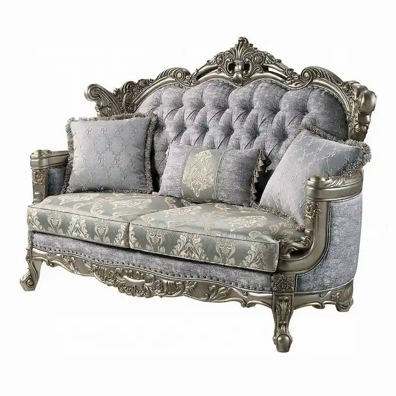Causeuse Royale, 3 coussins, tissu gris, bois bronze antique, 73 pouces