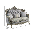Causeuse Royale, 3 coussins, tissu gris, bois bronze antique, 73 pouces