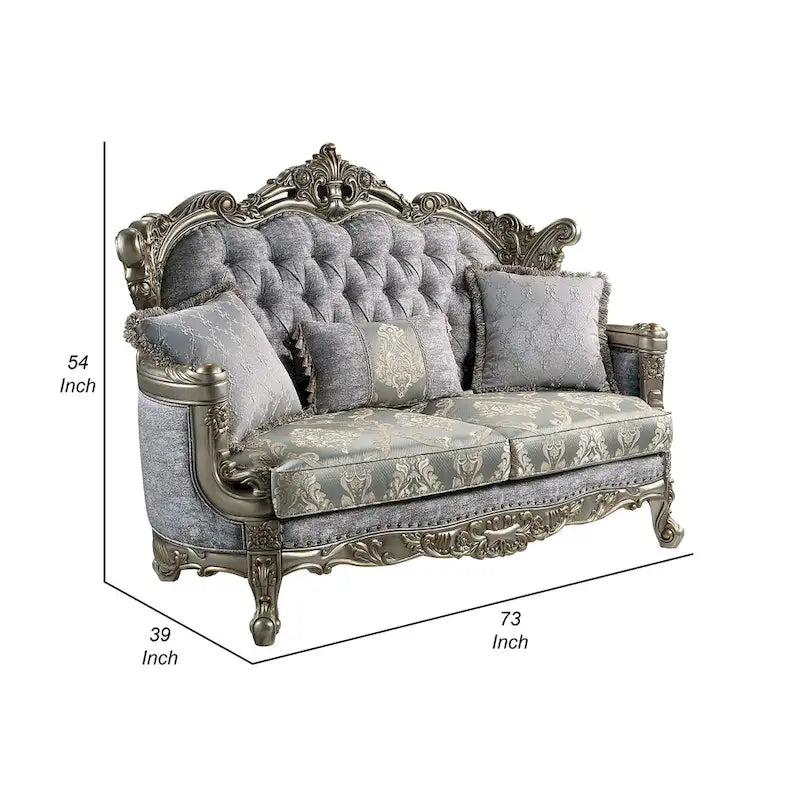 Causeuse Royale, 3 coussins, tissu gris, bois bronze antique, 73 pouces