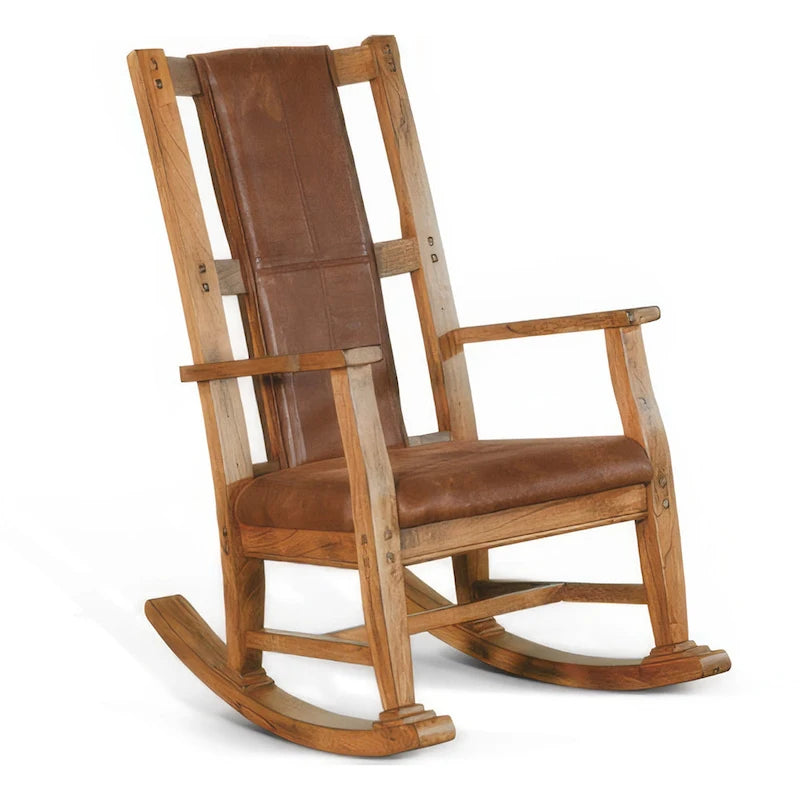 Fauteuil à bascule Marv avec assise et dossier en similicuir, Chêne rustique marron