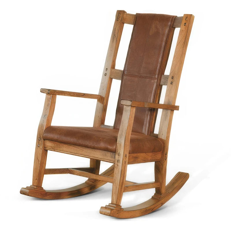 Fauteuil à bascule Marv avec assise et dossier en similicuir, Chêne rustique marron