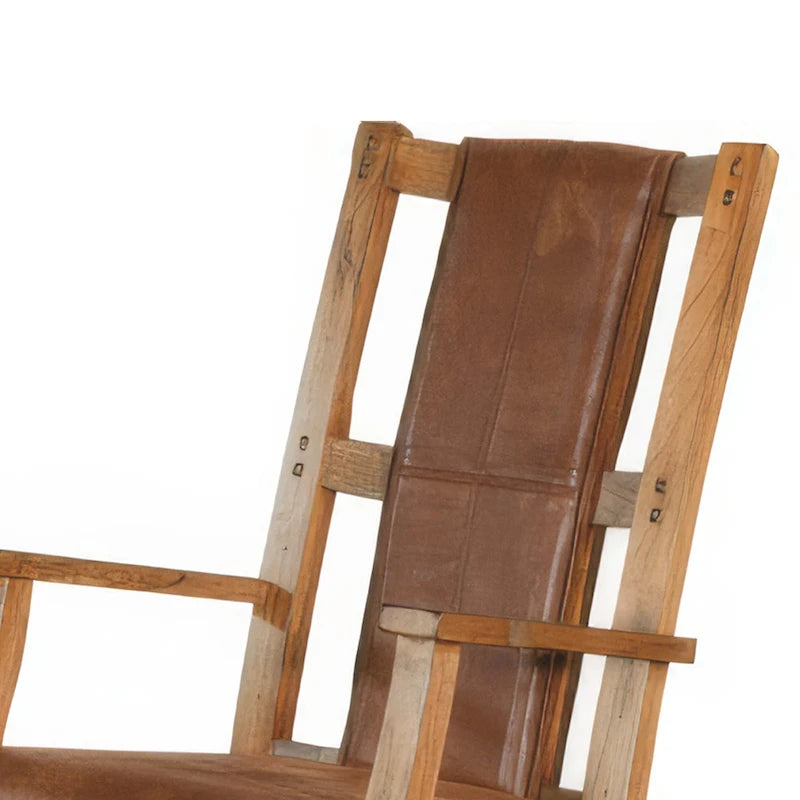 Fauteuil à bascule Marv avec assise et dossier en similicuir, Chêne rustique marron