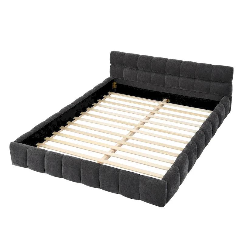 Lit plateforme sur pieds en chenille rembourré avec tête de lit
