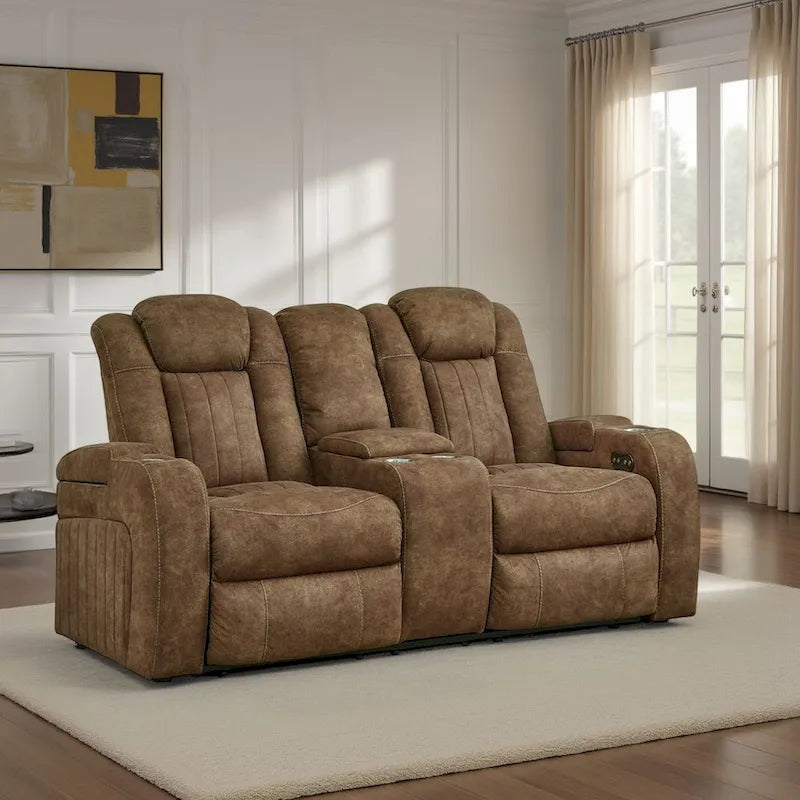 Zane Power Recliner Loveseat, Adjustable Headrest, Gray Faux Nubuck Suede